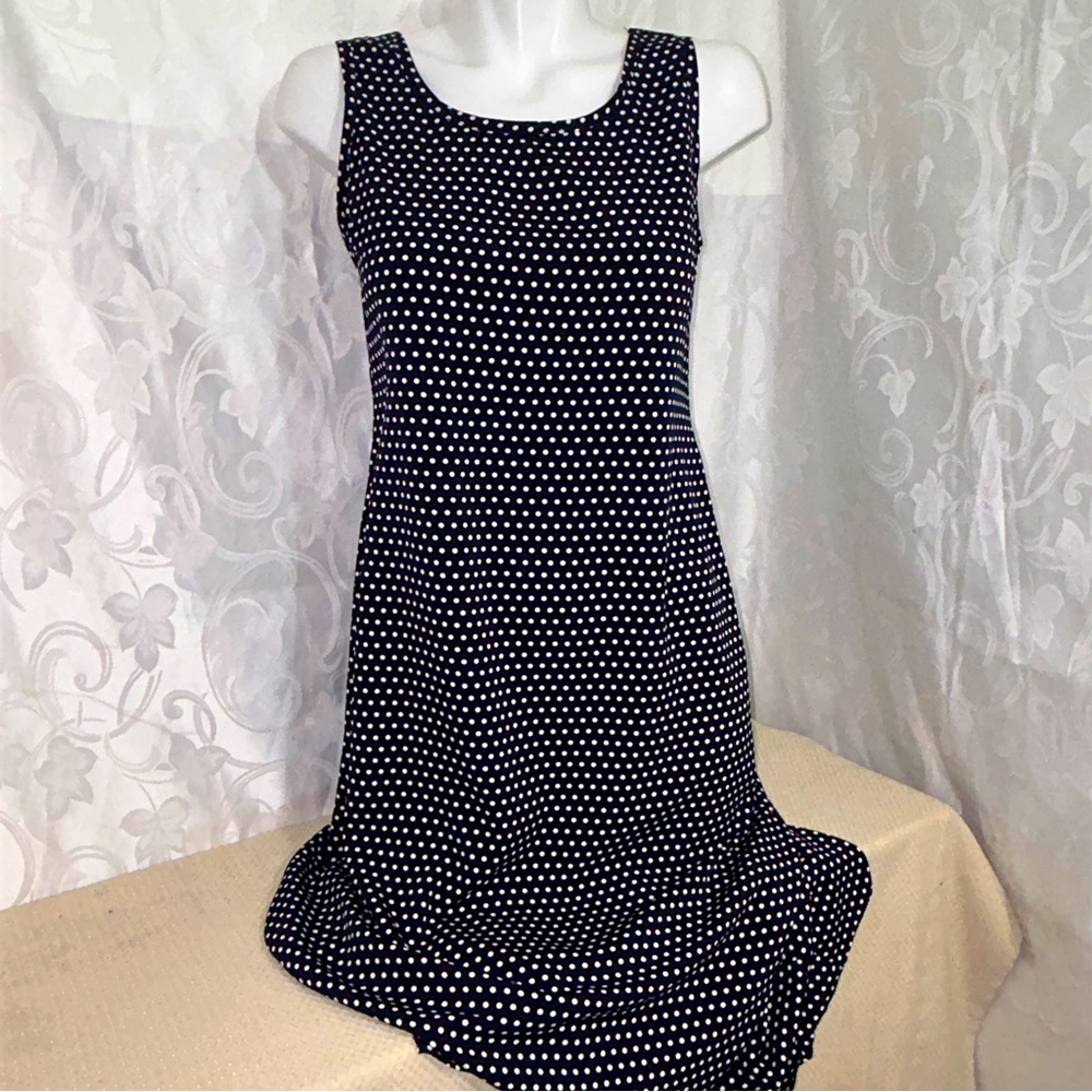 Cleo Navy Blue Polka Dot Classic Retro Satin Blend Sleeveless Midi Dress